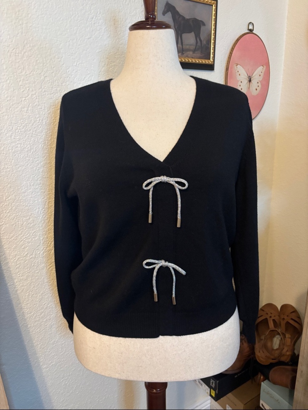 SugarLips Black V-Neck Sweater with Sparkly Bow Details-Size 1X